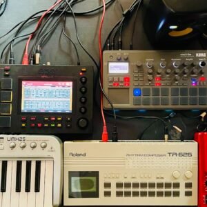a bunch of electronic equipment sitting on top of a table